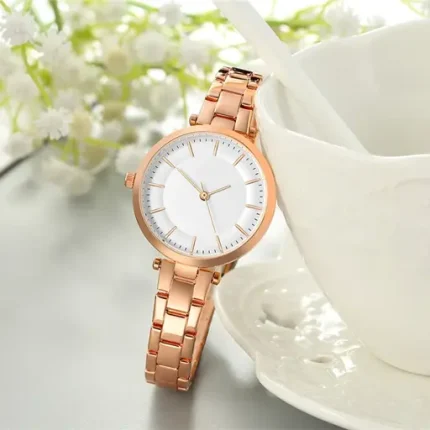 Metal Wristwatch Classy Fashion Clock Female Stainless Steel Dress Watch-Golden White